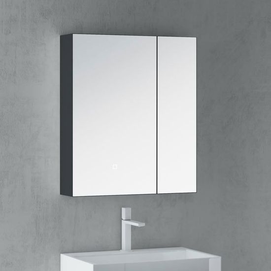 VASAGLE Armoire De Salle De Bain Avec éclairage LED, Prises, Panier Suspendu, Support Pour Sèche-cheveux, Miroir Mural, 16,5 X 70 X 75 Cm