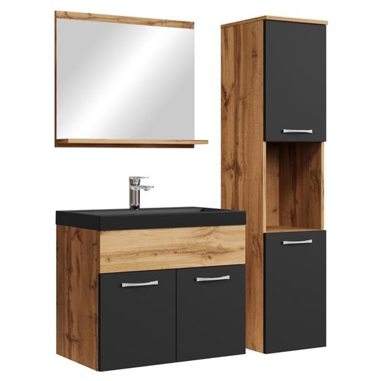 Meuble Salle De Bain Planetmöbel Astra - Lavabo 60cm - Armoire Latérale - Doré/Chêne Anthracite
