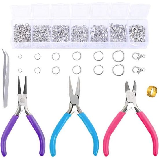 Kit Réparation Bijoux - 1312 Anneaux Ouverts + Fermoirs + 3 Pinces - Taille 4 à 10 Mm - Argenté