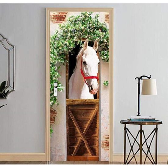Autocollant Porte Effet 3D Cheval Blanc - 77x200 Cm, PVC Imperméable - Décoration Murale Trompe-l'œil Salon