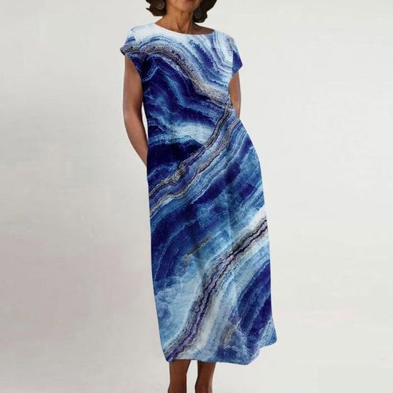 Chnnamzu Robe Lin Femme été Lâche Longue à Manches Courtes Et Col Rond Couleur Unie Bohème Légère De Plage Confort Casual SoiréE Grande Taille Pas Cher