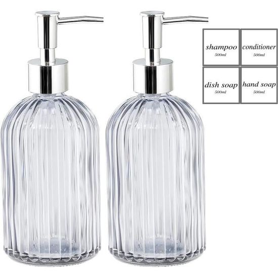 Lot De 2 Distributeurs De Savon En Verre Transparent 500 Ml Plomkeest - Pompe Acier Inoxydable Noire, Sans BPA