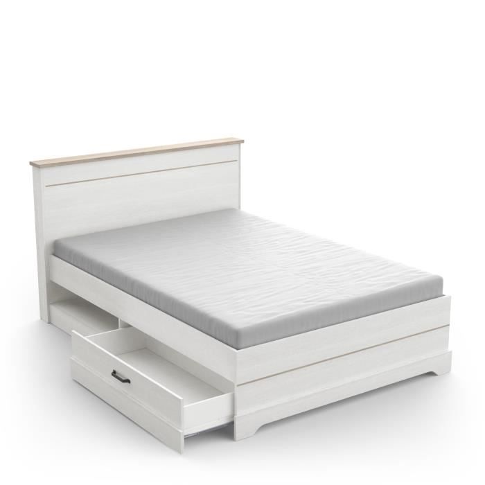 Lit adulte COTTAGE 140x190/200 cm - Mélamine blanc et décor chêne Kronberg - 2 Tiroirs- L 153,40 x P