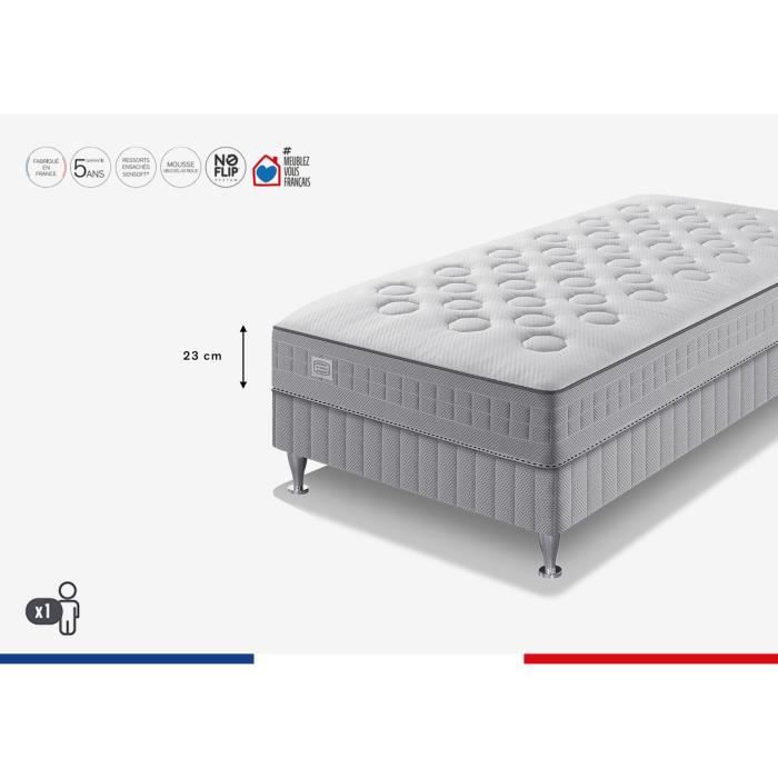 Ensemble matelas sommier 90 x 190 SIMMONS Hauteur 23 cm - Ressorts ensachés Sensoft - Fabriqué en France - SW1 Ensemble matelas sommier 90 x 190 SIMMONS Hauteur 23 cm - Ressorts ensachés Sensoft - Fabriqué en France - SW1