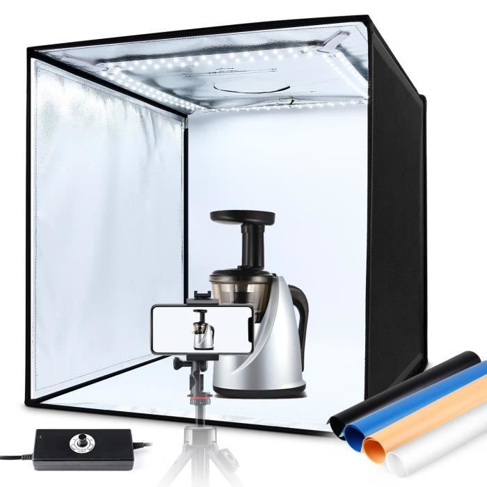 AMZDEAL Boîte à Lumière 60cm - 0%-100% Dimmable - Photo Studio - Tente de Shooting Pliable - 4 Fonds - Blanc-Noir-Bleu-Orange