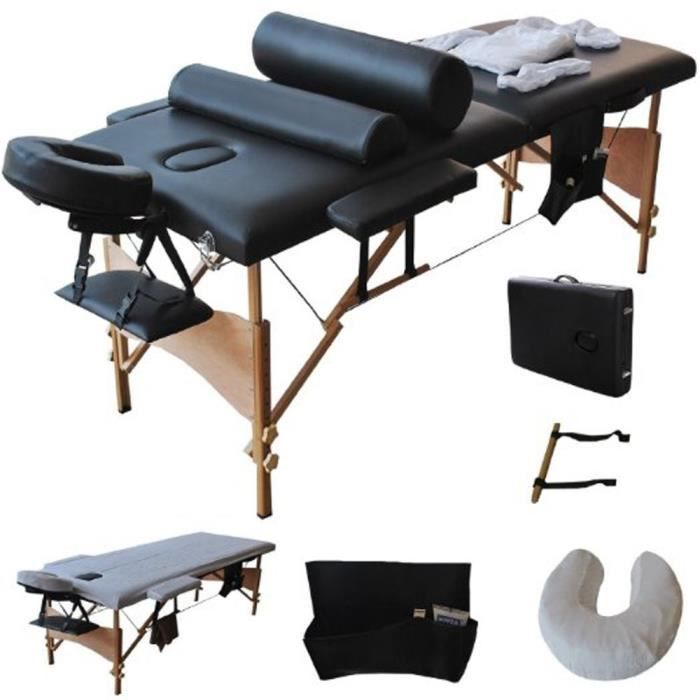 Table de Massage Lit Pliante 2 Zones Professionnel avec pieds en bois 212 x 70 x 85cm Noir