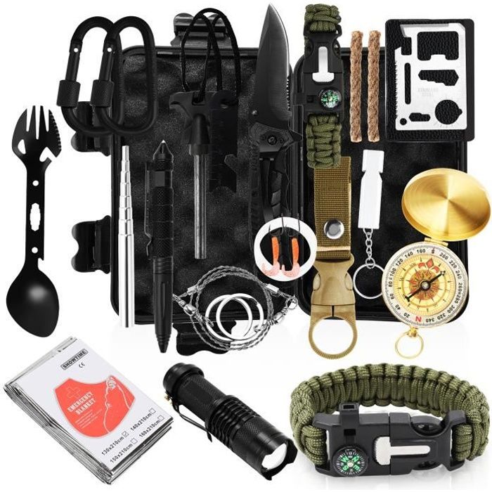 Kit de survie 18 en 1 kit de survie d'urgence en plein air avec couteau lampe de poche pour camping bushcraft randonnée chasse