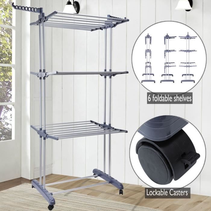 Séchoir à plancher Etendoir à serviettes pliant cintre à trois couches -ABI