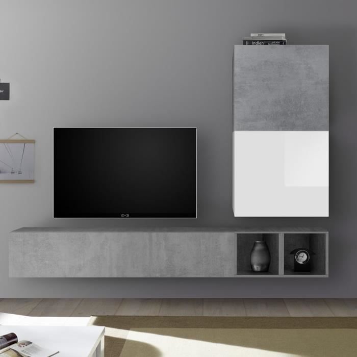 Meuble TV suspendu blanc laqué et gris béton SOLETO Gris L 190 x P 30 x H 170