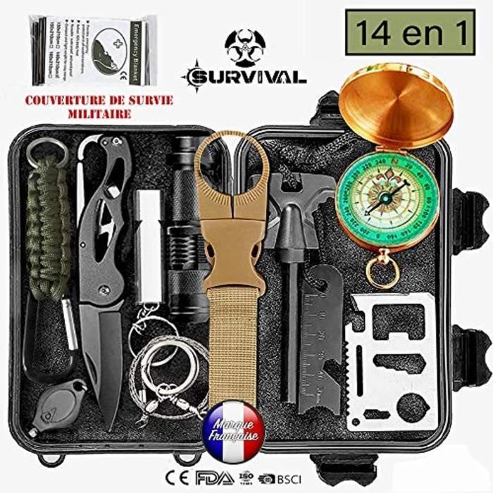 Kit de survie d'urgence Multi-outils 14en1 Avec Trousse de Premiers Secours,Couteau de Survie,Lampe de Poche,Allume