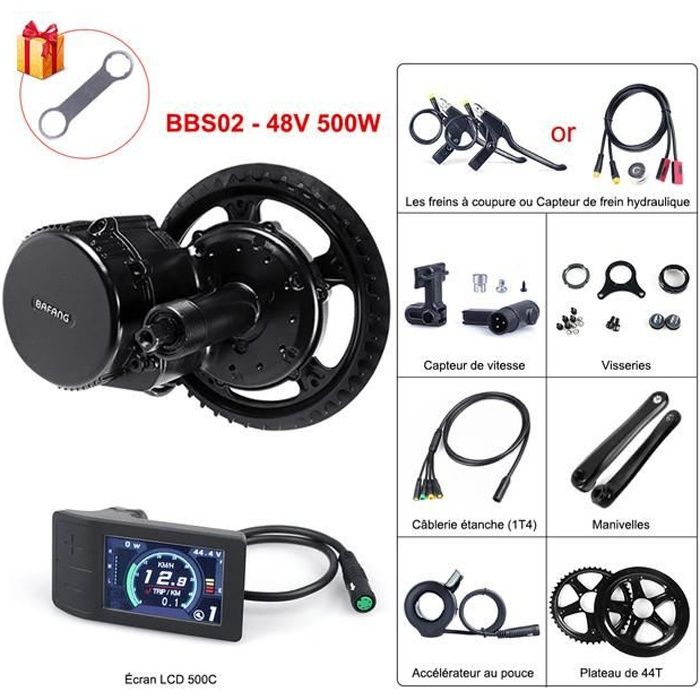BAFANG 8FUN Kit moteur pédalier BBS02 48V 500W Écran LCD 500C Plateau de 44T pour Vélo à assistance électrique