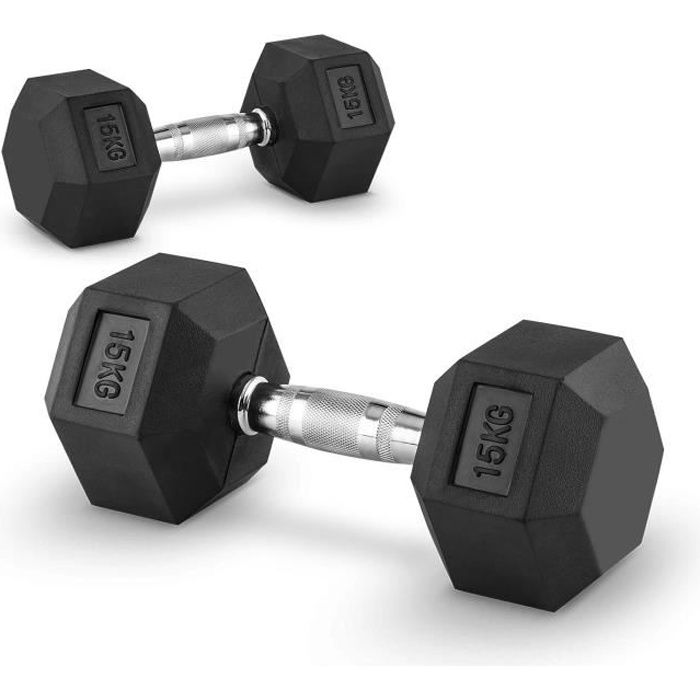 CAPITAL SPORTS Hexbell - Paire d'haltères courts pour musculation, cross-training… (caoutchouc résistant, prise chromée) - 2x 15kg