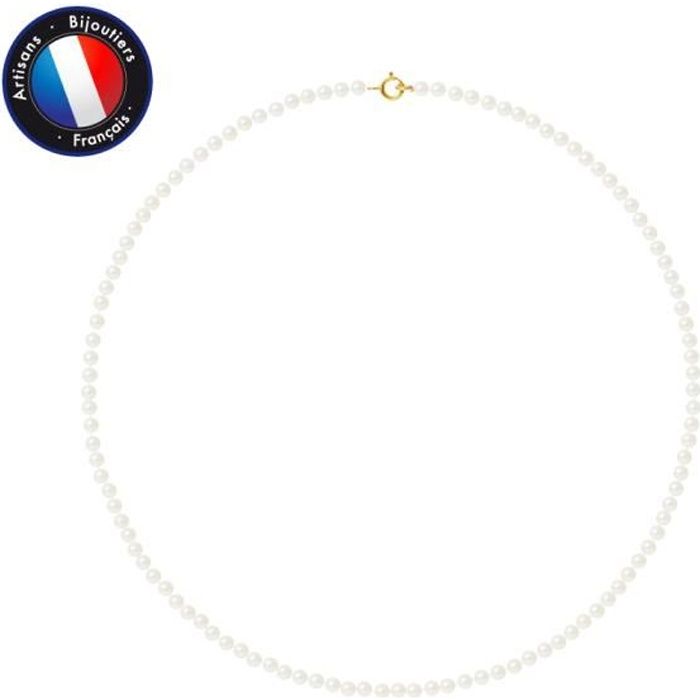 PERLINEA - Collier Perle de Culture d'Eau Douce AAA+ - Ronde - 3-4 mm - Blanc Naturel - Or Jaune - Bijoux Femme