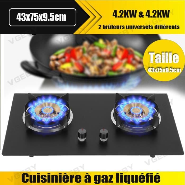Plaque de cuisson gaz - 2 foyers - 43x75x9.5cm - Revêtement verre trempé - Noir SIE13