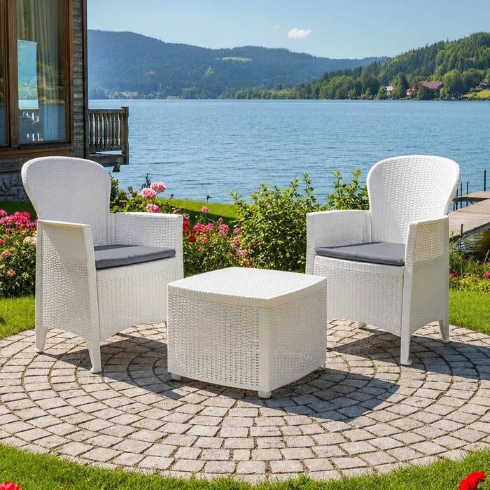 Set salon dextérieur Dakain - Dmora - En PVC - 2 fauteuils et 1 table conteneur - Blanc Set salon dextérieur Dakain - Dmora - En PVC - 2 fauteuils et 1 table conteneur - Blanc