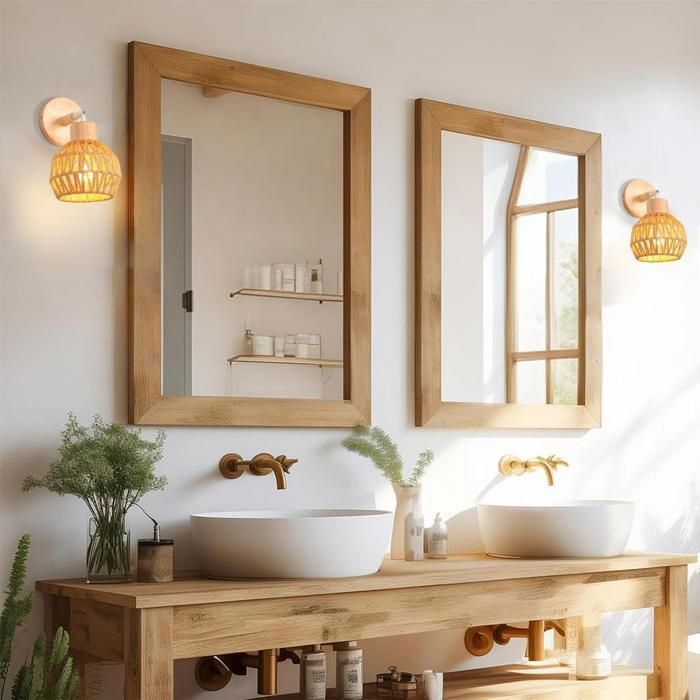 IDEGU 2x Applique Murale Industriel Lampe Murale en Bois et Rotin Brun Réglable E27 Plafonnier Rétro Abat-jour Cage pour Couloir