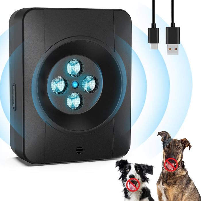 Comparer les prix de Anti Aboiement pour Chien, 4 émetteurs Puissants Ultrason Chien, Rechargeable Boitier Anti Aboiement Chien 3 Modes