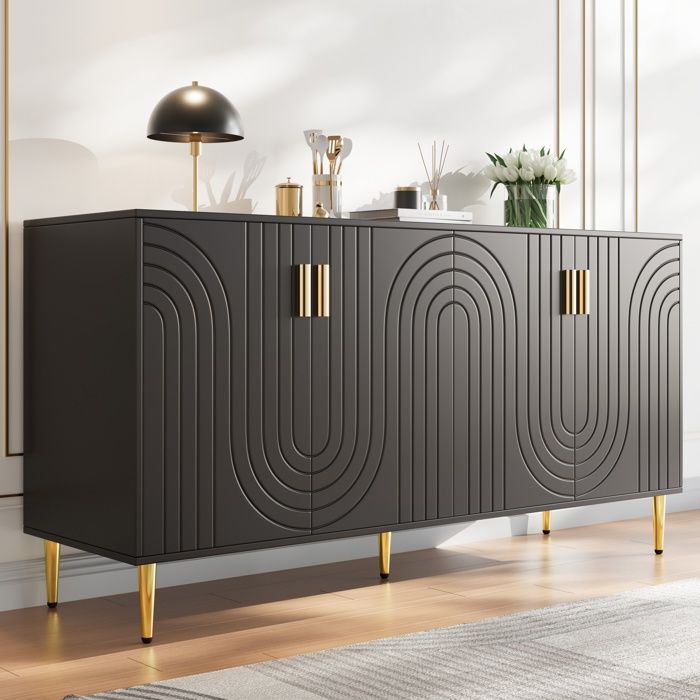 Meuble de CuisineBuffet Bas Salon avec 4 PortesPoignées Pieds DorésMeuble dEntrée Structure Stable152x40x75cmNoir