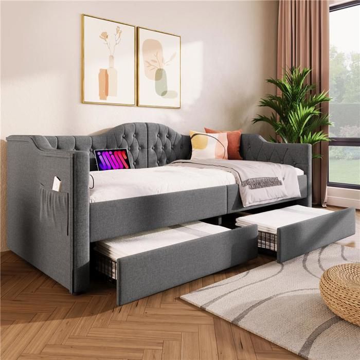 Canapé Lit Convertible 90x200cm - Avec Lit Gigogne Et USB - Gris - Sans Matelas - Pour Studio