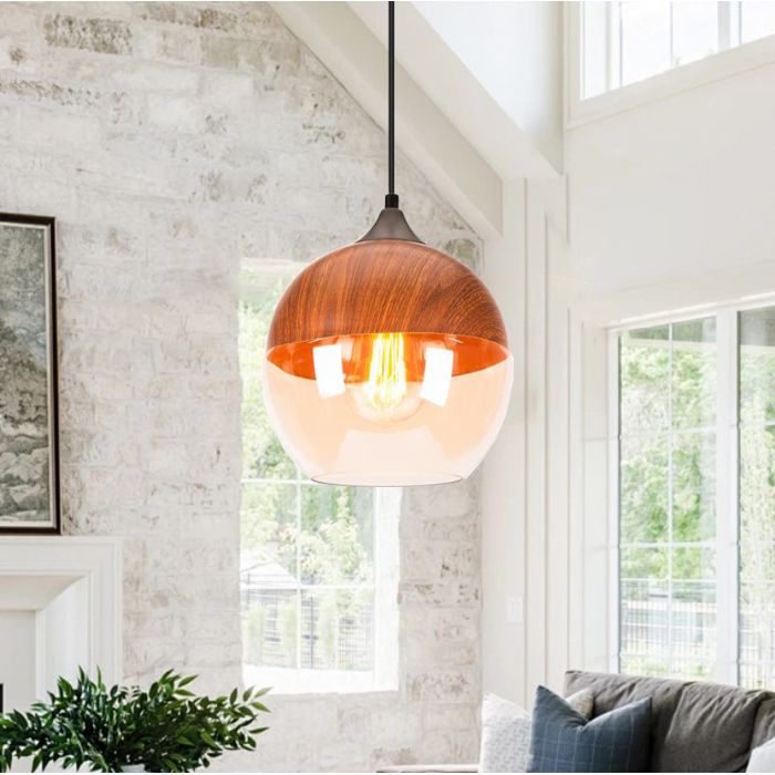 Diday Moderne Suspension Luminaire IndustrielLustre Abat-jour en Verre et Bois E27 Lampe de Plafond Vintage pour Salon Chambre