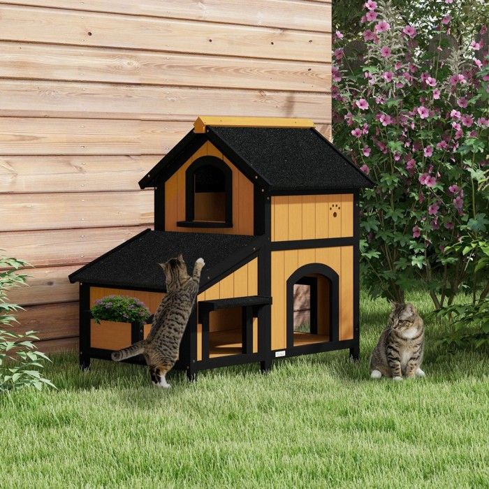 Meilleurs prix pour Niche Maison chat bois sapin 2 niveaux niche extérieure toit asphalte jardinièredesign surélevé jaune 96x65x85.5cm