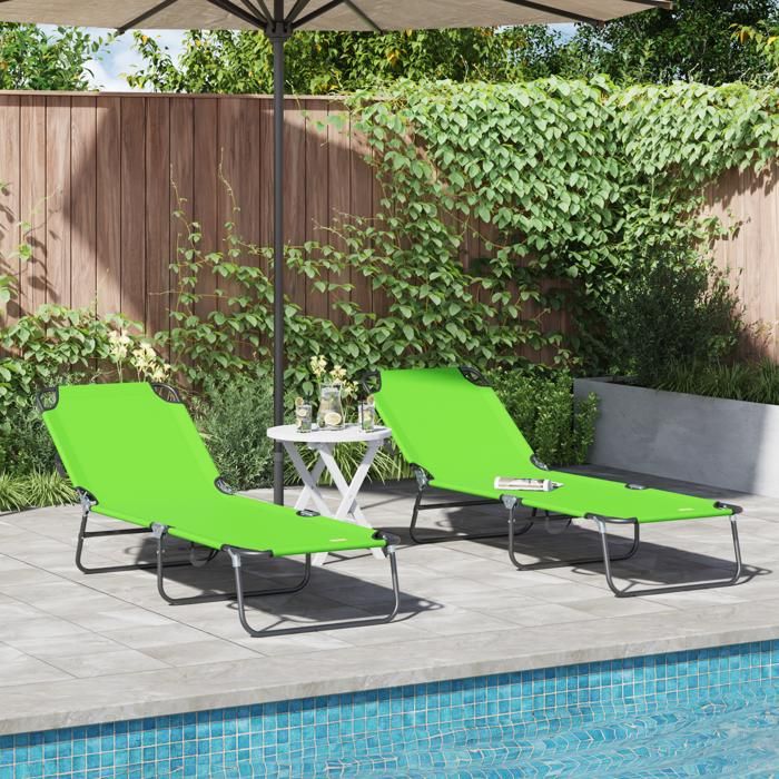 Moderne Chaise longue pliante lot de 2 - Bain de soleil portable verte en tissu Oxford 600D @FR(738461)