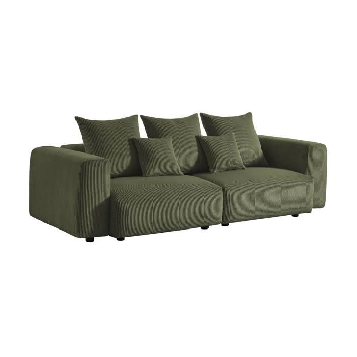 Canapé déhoussable 3 places en velours côtelé grosse côte kaki avec pluie de coussins L 230 x P 97 x H 82cm - Pillow Canapé déhoussable 3 places en velours côtelé grosse côte kaki avec pluie de coussins L 230 x P 97 x H 82cm - Pillow