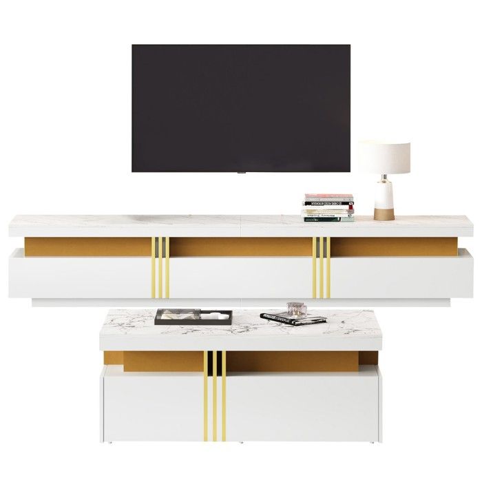 Ensemble meuble TV mural blanc salon moderne avec table basse & rangement multifonctionnel - Design pratique Ensemble meuble TV mural blanc salon moderne avec table basse & rangement multifonctionnel - Design pratique