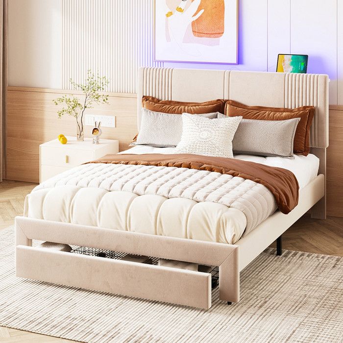 Lit rembourré 140 x 200 cm lit double avec bande lumineuse et prise USB dossier et grand tiroir lit double en velours beige
