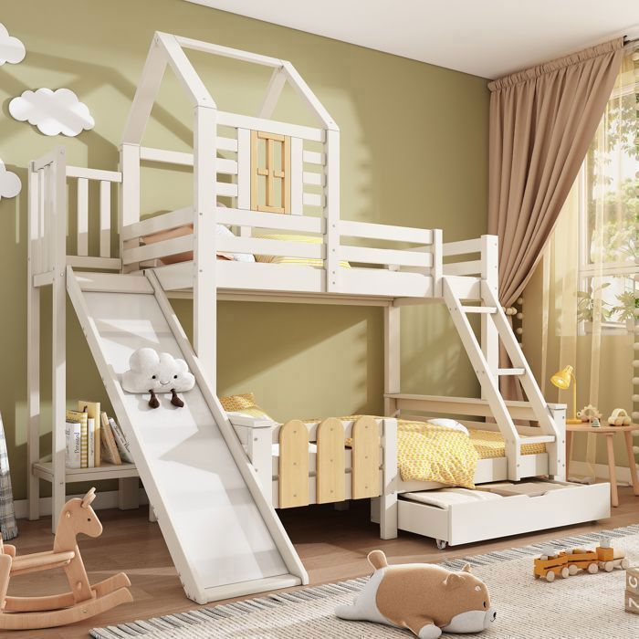 Lit superposé pour enfants 90/140 x 200 cm lit double en bois massif avec tiroir toboggan et échelle droite style cottage blanc