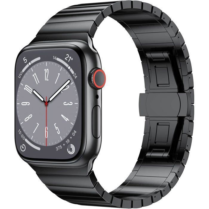Stravo Bracelet Luxe Métal pour Apple Watch 38/40/41/42 mm Series 1-11 SE - Acier Inox Fermoir Papillon - Noir