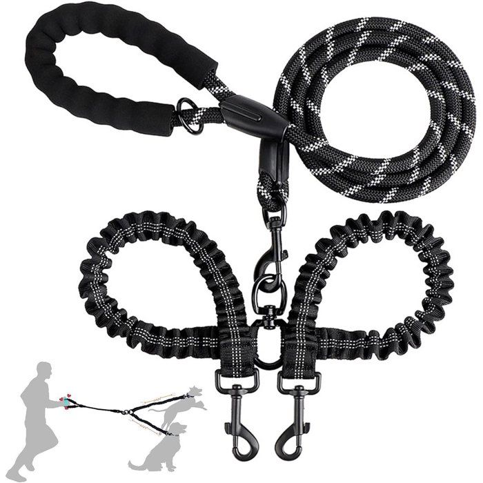 Meilleurs prix pour Laisse double pour chien - Anti-emmêlement - Laisse rétractable en nylon élastique - Bande réfléchissante et poignée rembourrée -