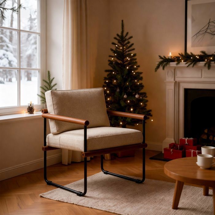 Fauteuil Métal Accent avec Dossier et Siège Toile - Chaise Lounge Liseuse avec Accoudoirs et Rembourrage Confortable - Noir-Brun