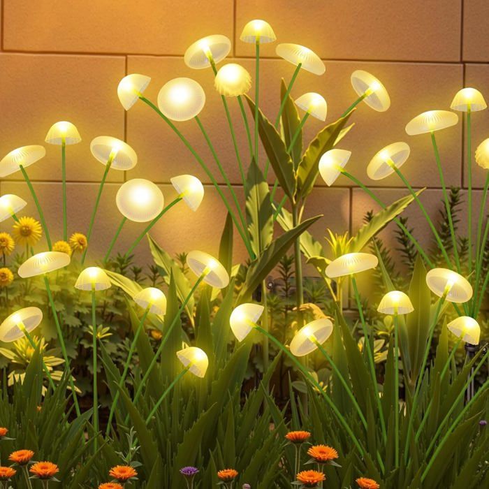 Lot de 4 lampes solaires champignon à 32 LED – Lampes de jardin extérieures étanches effet luciole pour la décoration de