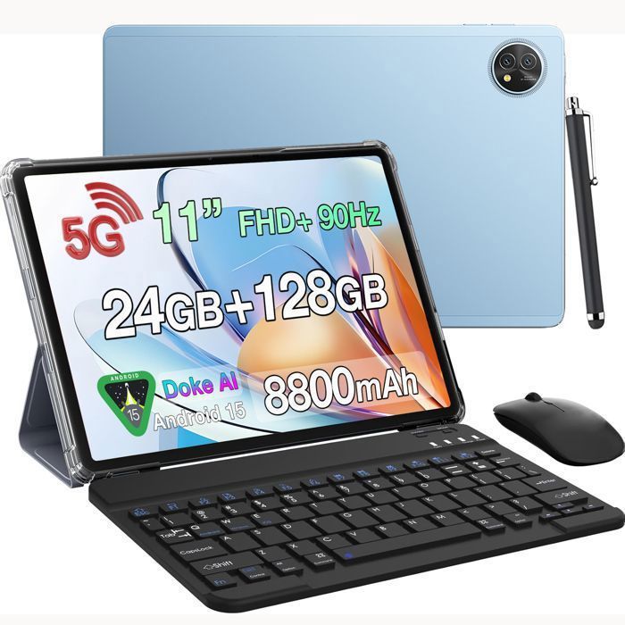 Blackview ZENO 10 5G Tablette Tactile 11 FHD+ Écran 24 Go + 128 Go (TF 2To) 8800mAh 16MP Android 15 Dual SIM Tablette PC GPS - Bleu