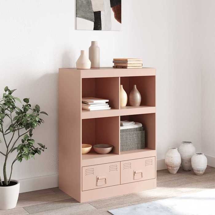 Buffet haut en acier - vidaXL - Rose - 67x39x95 cm - 4 étagères - 2 tiroirs - 2 poignées en métal - Capacité 76 kg