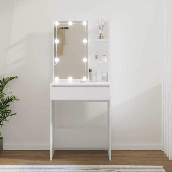Coiffeuse avec LED - vidaXL - Blanc - 60x40x140 cm - Bois dingénierie - Ampoules LED - USB - Grand espace de rangement