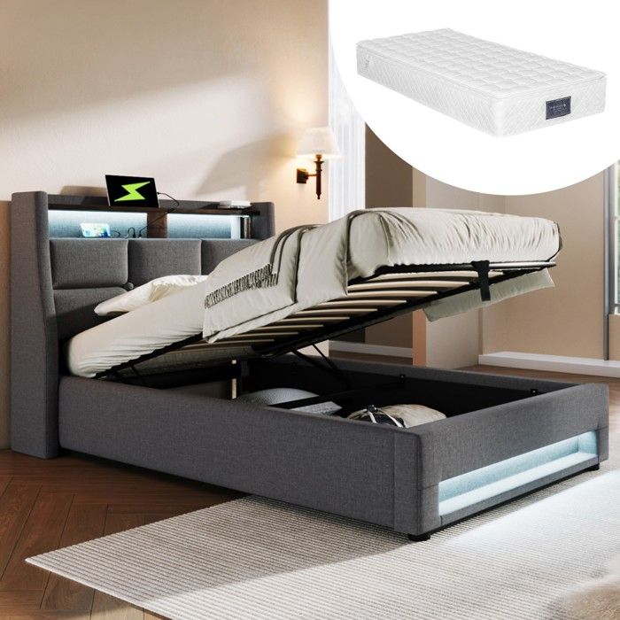 Lit Simple 90x200cm avec Matelas Rembourré - Cadre Métal Gris Junior Éclairage LED et USB Intégrés(avec Matelas)
