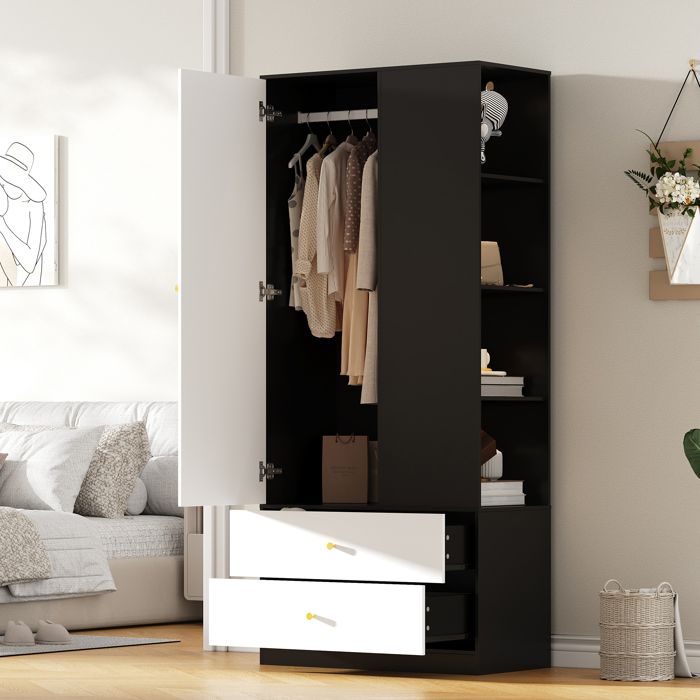 Armoire Penderie Moderne avec Miroir 2 Tiroirs et Étagères – Blanc et Noir 180 cm Armoire Penderie Moderne avec Miroir 2 Tiroirs et Étagères – Blanc et Noir 180 cm