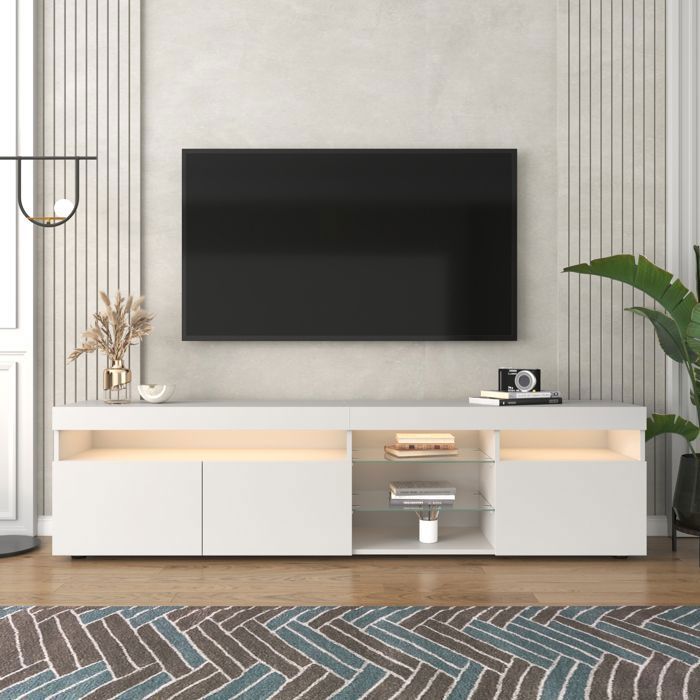 Meuble TV 180 x 35 x 48 cm avec Éclairage LED - Merax - Banc TV Blanc Haut Brillant et Verre - pour Salon et Salle à Manger Meuble TV 180 x 35 x 48 cm avec Éclairage LED - Merax - Banc TV Blanc Haut Brillant et Verre - pour Salon et Salle à Manger