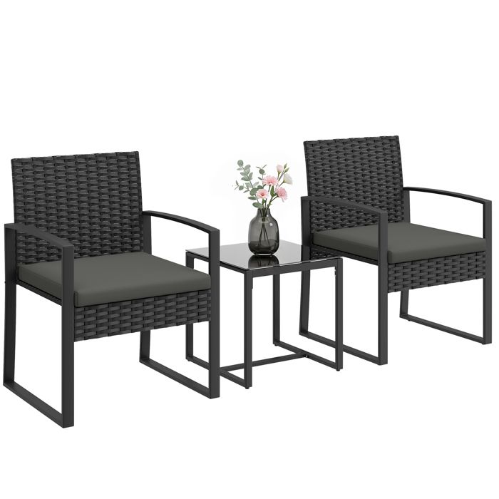 Salon de jardin extérieur - Outsunny - 2 personnes - table de jardin et 2 chaises - plateau en verre trempé - résine tressée - noir