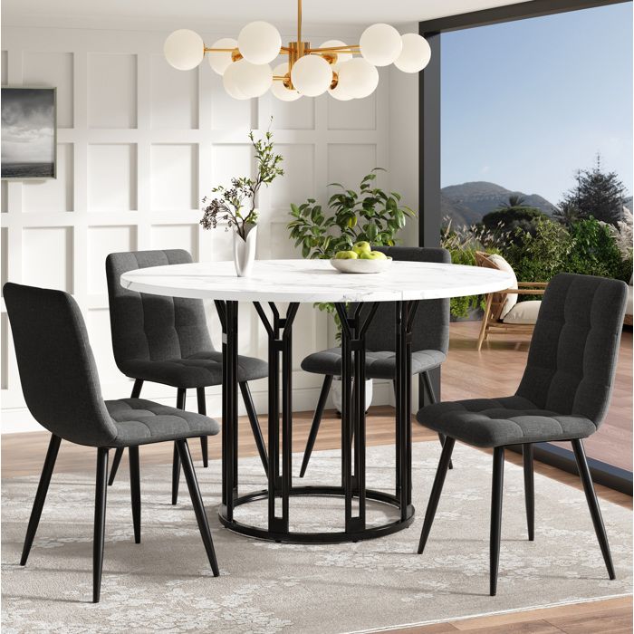 Table à manger ronde noire 100 x 100 x H 74 cm plateau MDF effet marbre pieds métal réglables