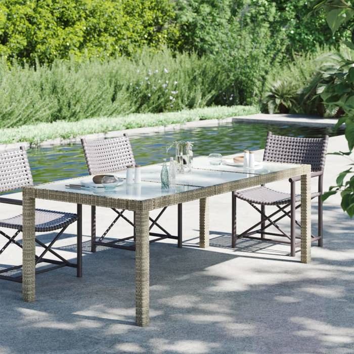 Soldes printemps Table terrasse - Gris - Table de jardin - 1 PC - Gris 190x90x75 cm verre - trempé/résine tressée T149