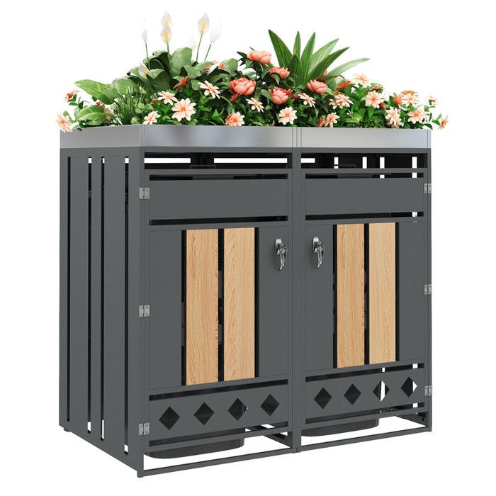 Armoire de stockage de déchets - Jardinière intégrée - Grain de bois vertical - Base perforée en losange