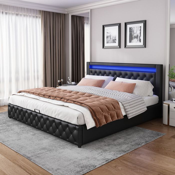 Lit double noir 160×200 cm avec sommier inclus rangement intégré et LED structure solide montage nécessaire