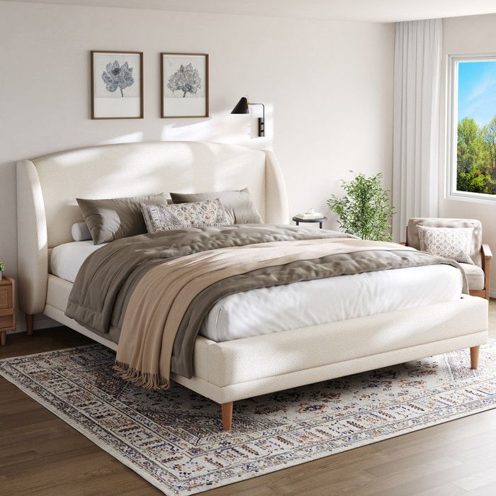 Lit double Lit capitonné rembourré 140x190 cm – Blanc Ivoire – Tissu Bouclé – Tête à Oreilles – Pieds Hévéa
