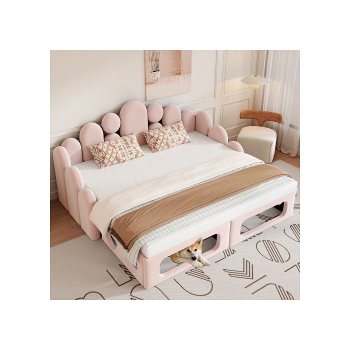Lit adulte 180x200 cm - Lit double - Cadre de lit avec sommier à lattes et dossier - En velours - Rose