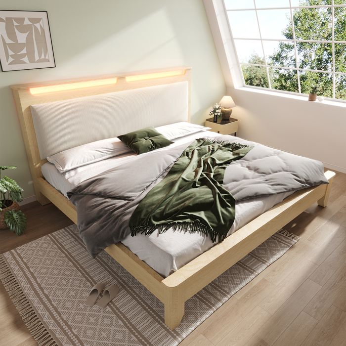 Lit Double en Bois 160x200 cm Lit Rembourré avec Éclairage LED Tête de Lit Rangement Dossier Velours Côtelé Beige - Chêne Clair