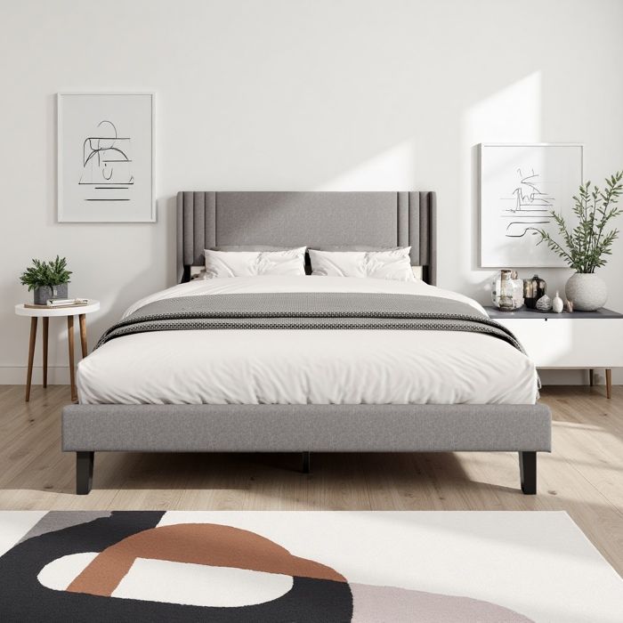 Cadre de Lit 160x200 Lit Double Rembourré avec Tête de Lit et Sommier à Lattes Lit Capitonné 2 Personnes Tissu Effet Lin Gris