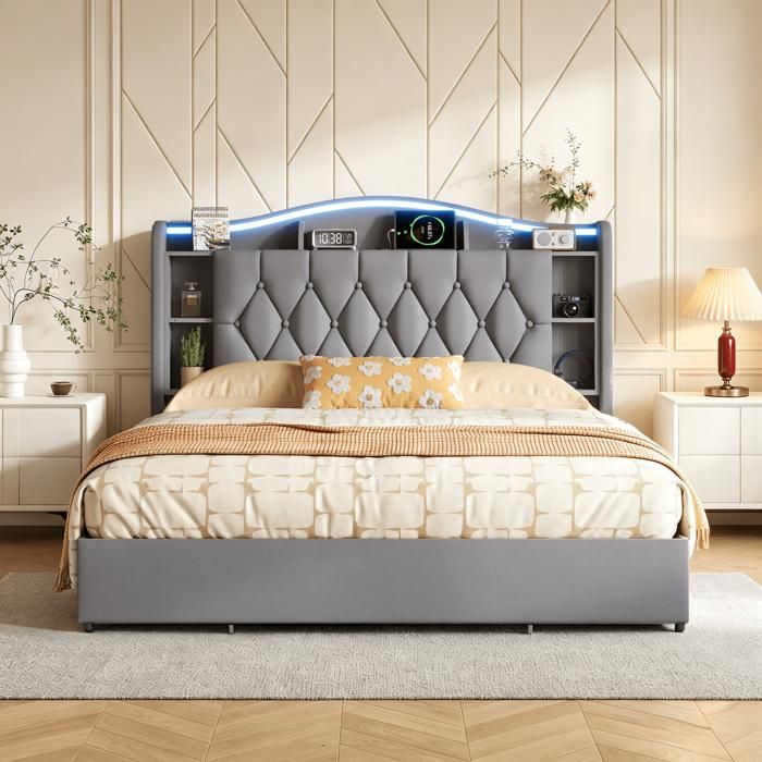 Lit coffre 140x190 cm avec sommier LED Lit 2 personnes avec tête de lit rangement Support recharge sans Fil 15W et USB Velours Gris